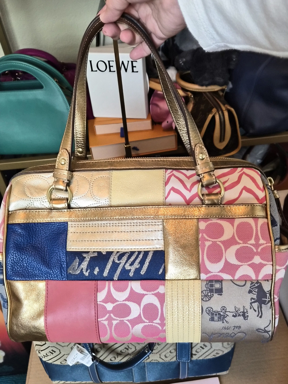 COACH Pink and Gold Patchwork Bowler Satchel Bag EUC F17164 - Picture 3 of 8